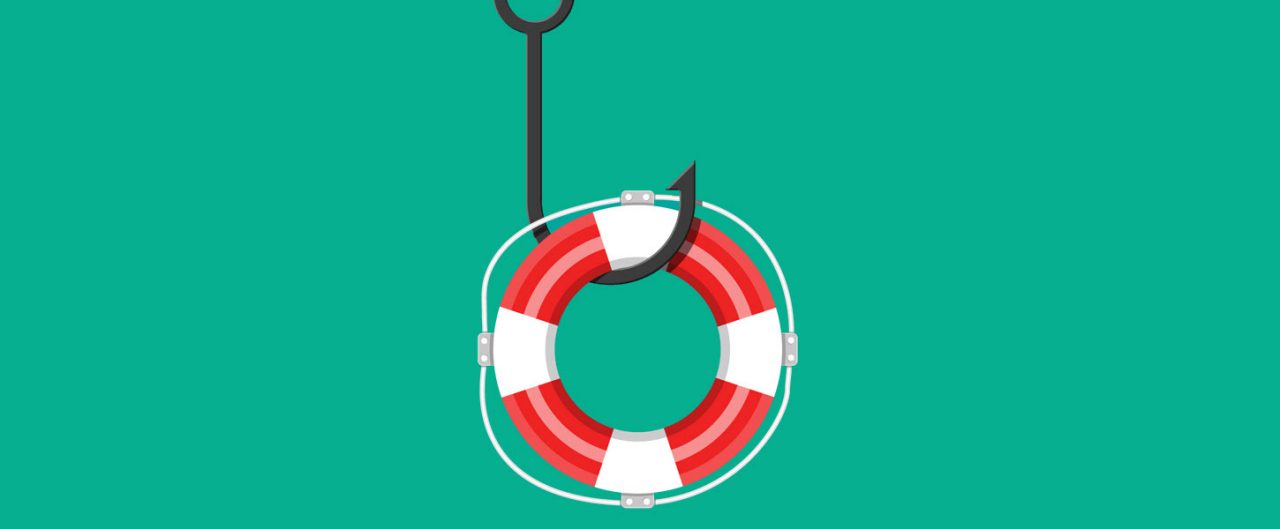 A life preserver on a fish hook with teal background