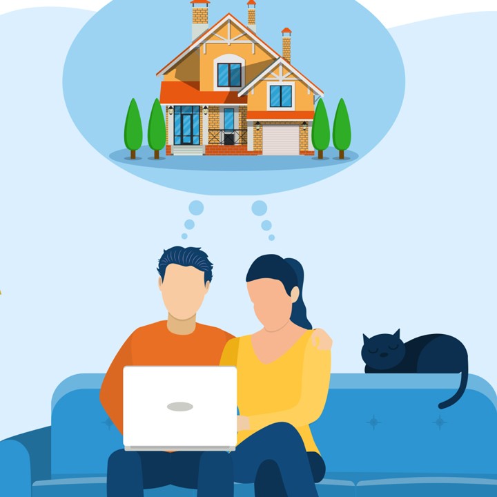 illustration of young couple sitting on couch dreaming of home