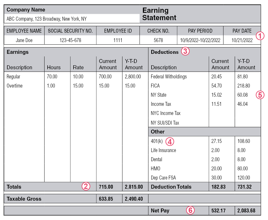 Fake earning statement for Jane Doe at ABC Company 