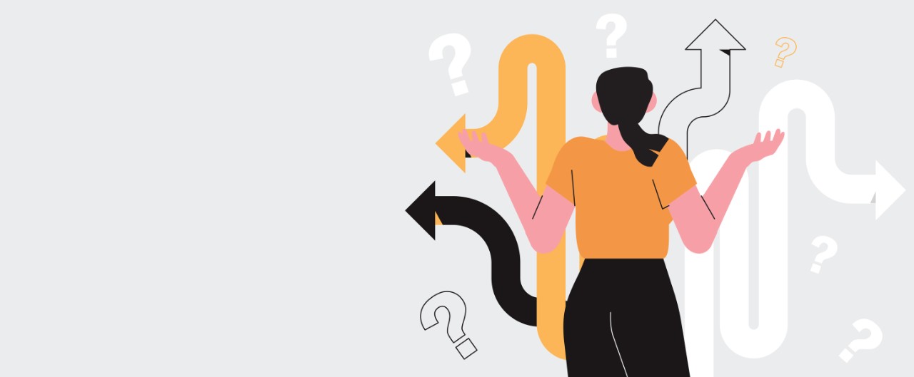 Business decision making, career path, work direction or choose the right way to success concept, confusing woman or student looking at crossroad sign with question mark and think which way to go.