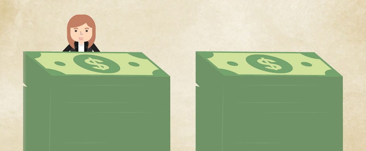 Graphic of a woman looking at two stacks of dollar bills