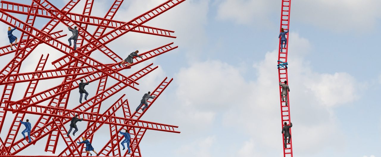 A group of confused people on tangled ladders in chaos next to another group of people working together on ladders in an organized wayworking together as a coordinated team to form an efficient solution with 3D illustration elements