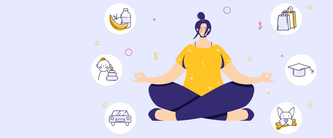 Woman sitting in yoga lotus pose and meditating. Human needs icons. Life balance concept. 