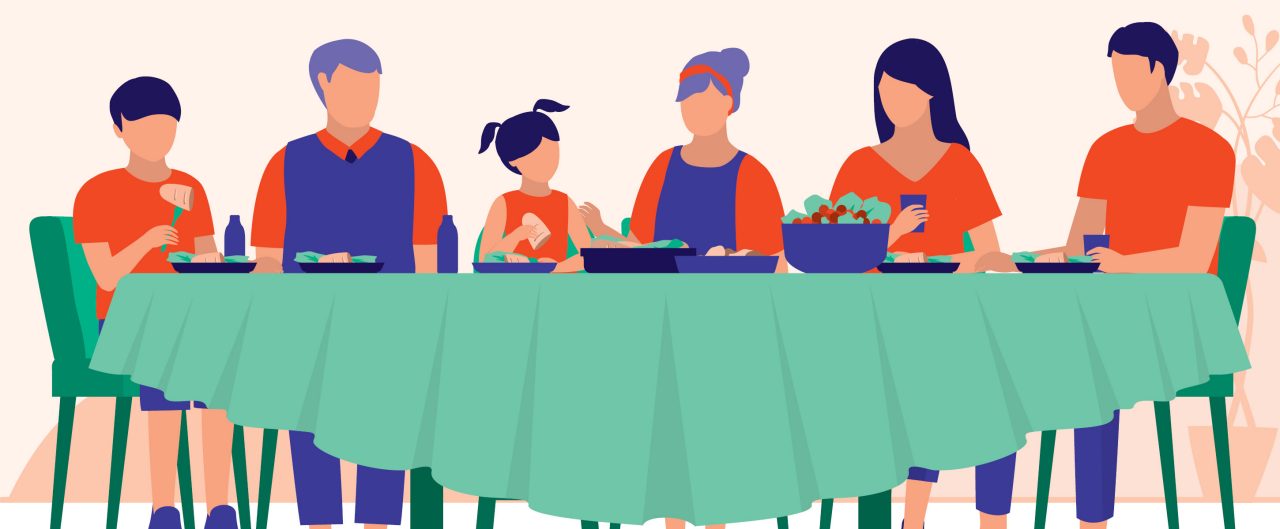 Illustration of family eating dinner at the table.