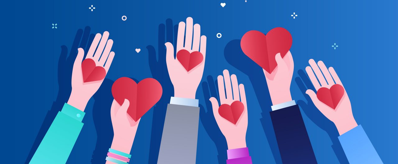 Hands holding a heart symbol. Flat design on blue background..