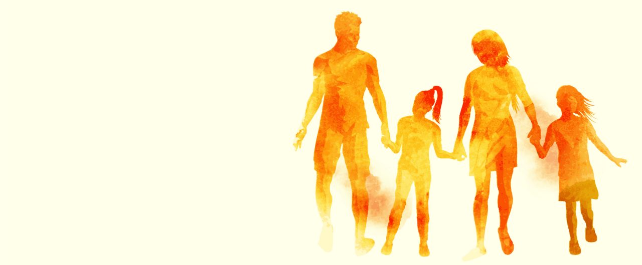 A young happy family walking together. Watercolour vector illustration.
