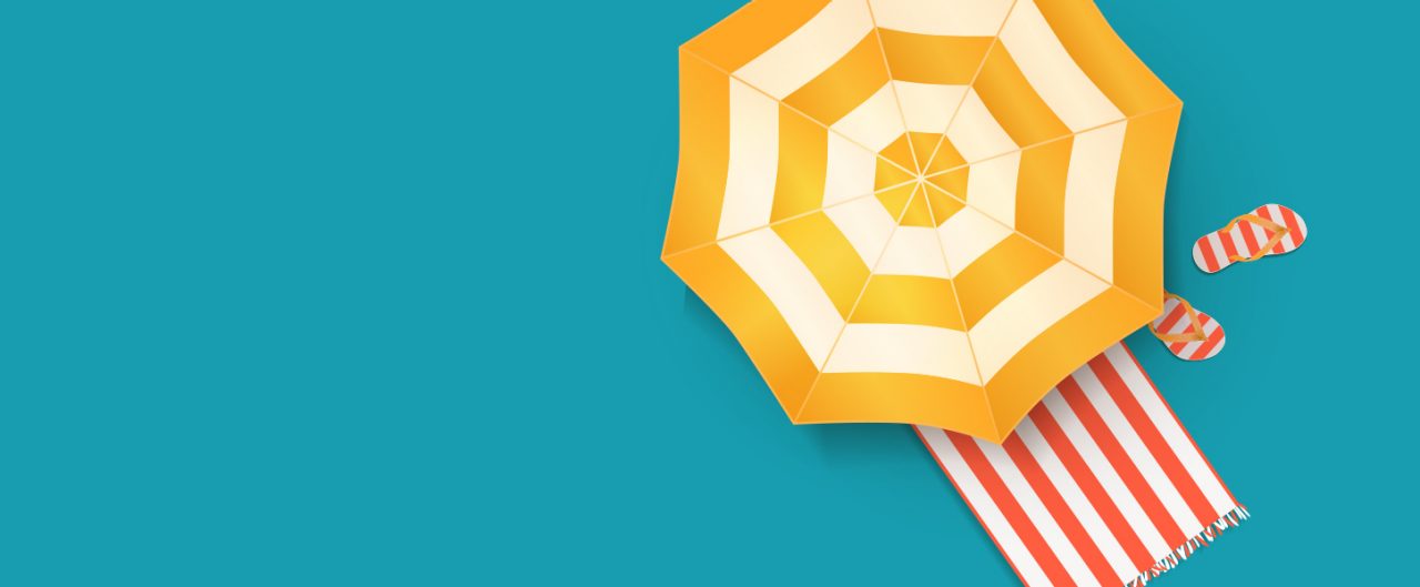 Illustration of beach umbrella, towel and flip fops.