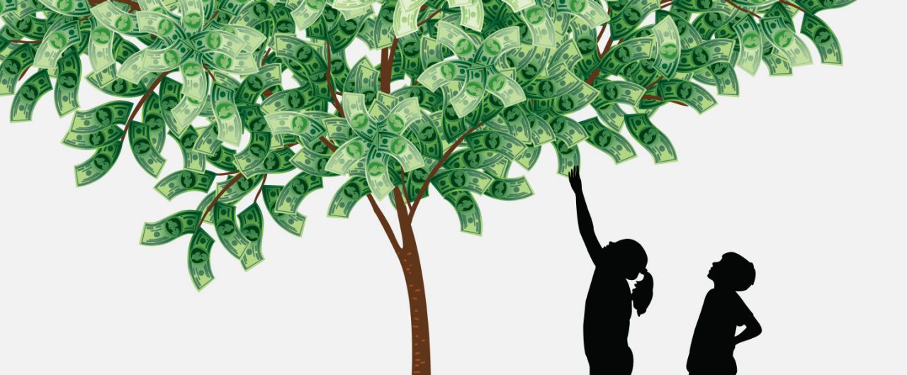 Silhouette of children picking money off a tree.