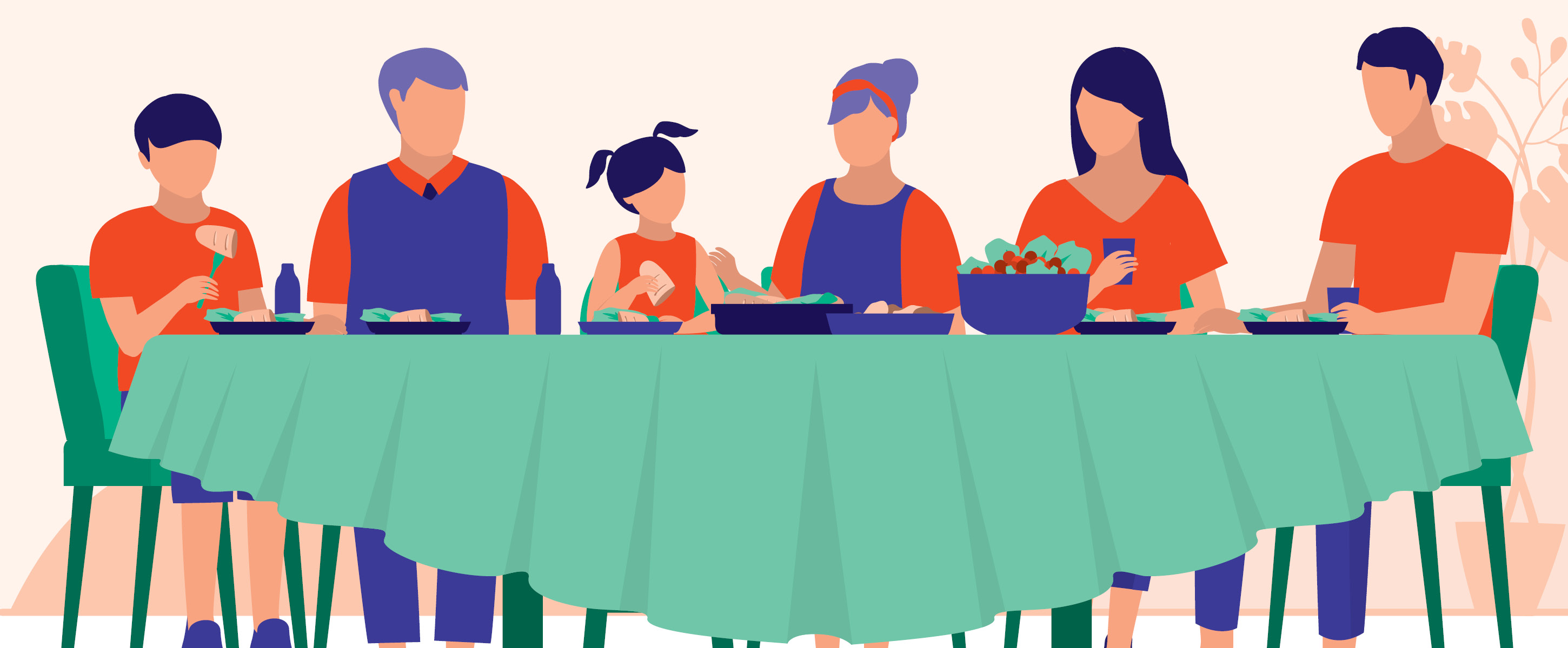 Illustration of family eating dinner at the table.