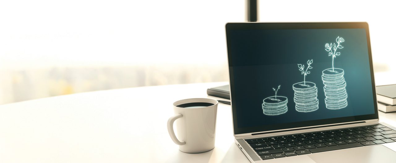 Creative abstract money savings sketch on modern laptop monitor, accumulation and growth of money concept. 