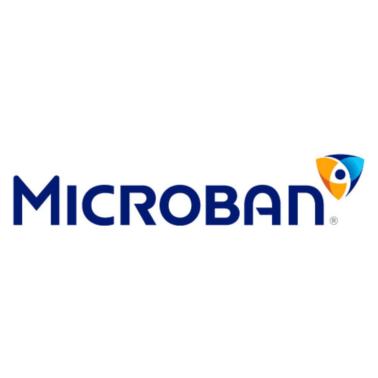 Microban logo written in dark blue with an orange and yellow triangle icon on a white background