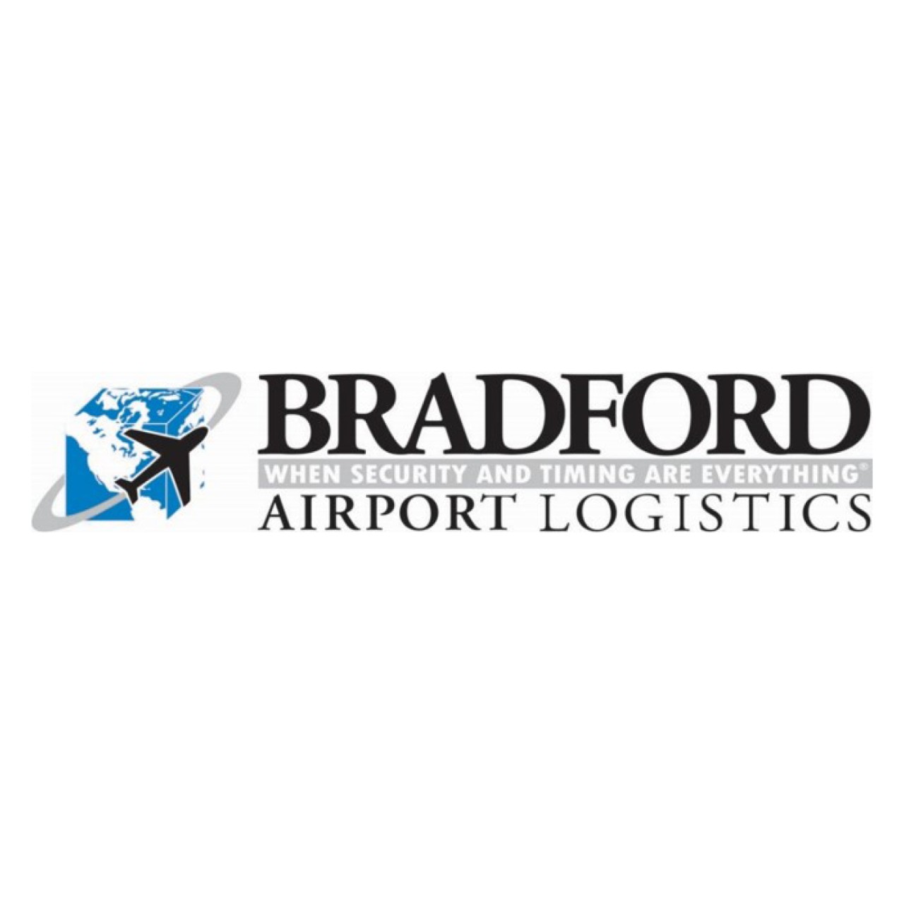 Bradford Airport Logistics logo written in black and grey text with an icon of a plane circling earth