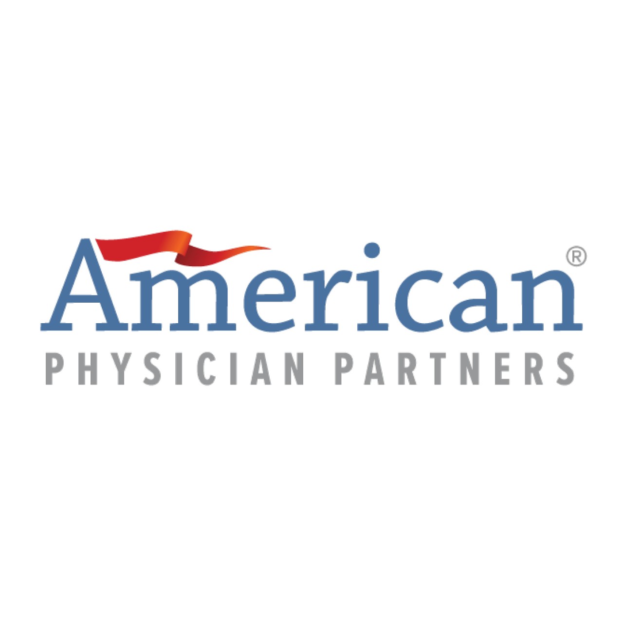 American Physician Partners logo written in blue and grey with a red flag on a white background