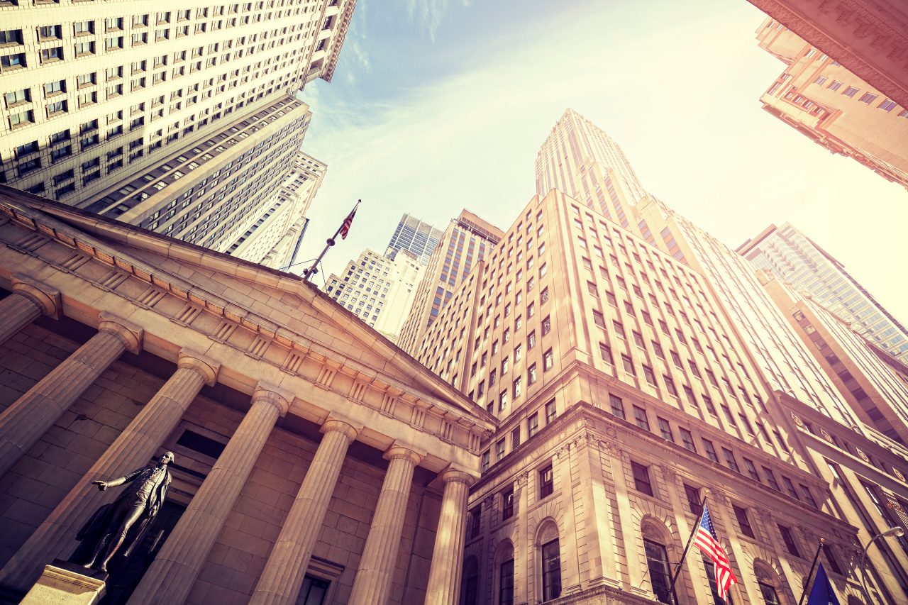 Upward View of Vintage Wall Street on a Sunny Day