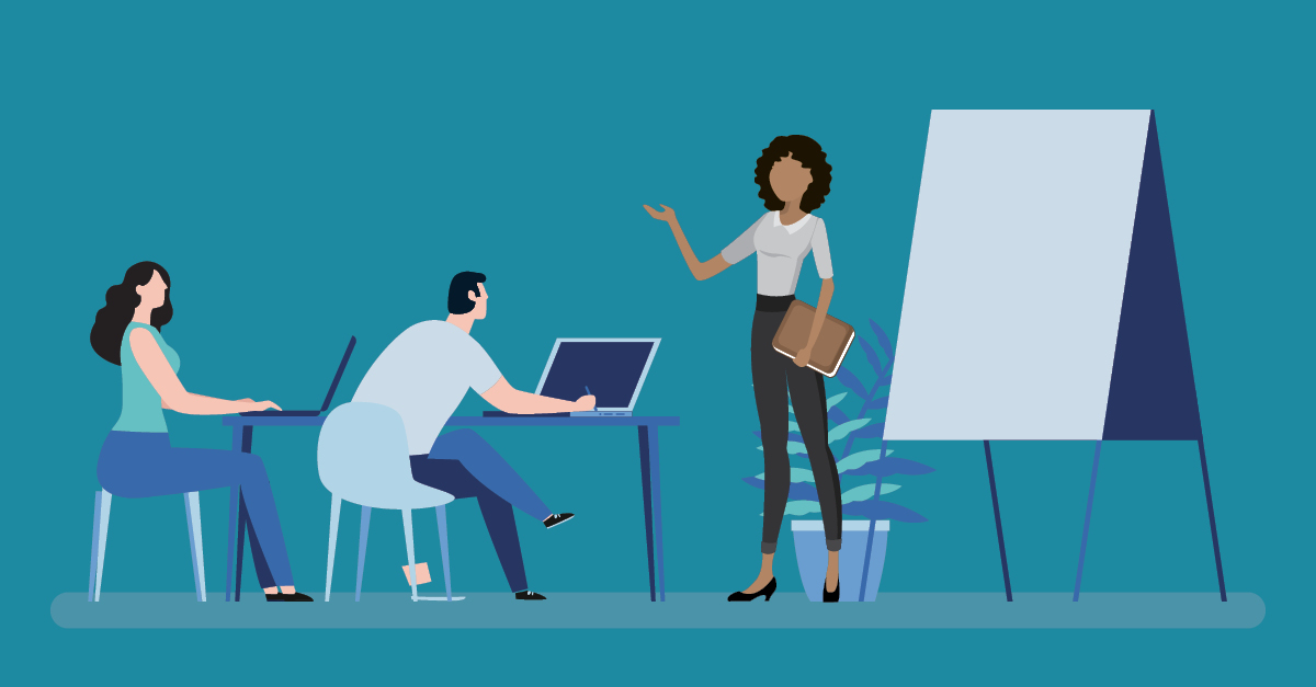 Vector illustration of two students sat at desks with a teacher standing nearby next to a whiteboard